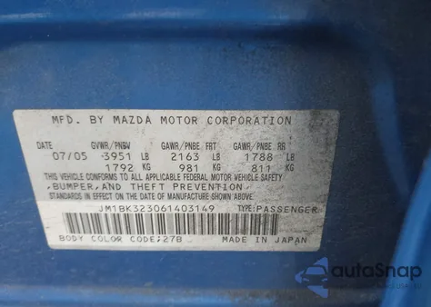 2006 Mazda Mazda3 S Grand Touring from USA, damaged, VIN JM1BK323061403149